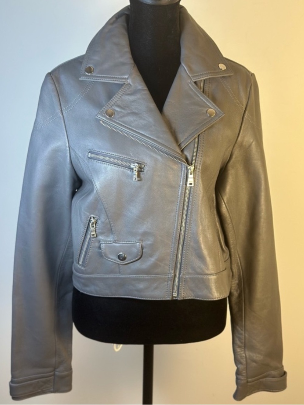 KNOLES & CARTER Vintage Genuine Leather Cropped Gray Moto Jacket Women’s Size XL